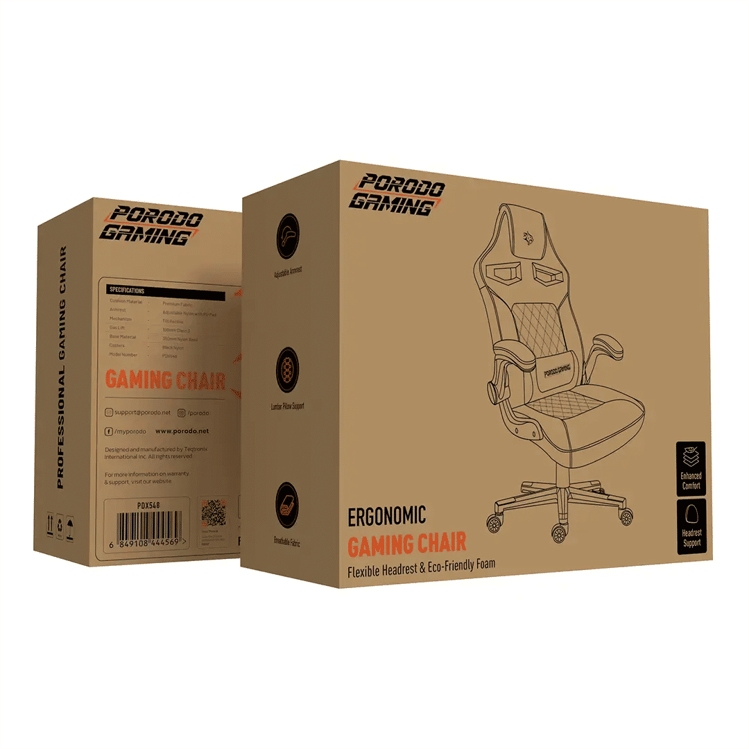 Porodo Ergonomic Gaming Chair with Flexible Headrest, PDX548, Black/Orange