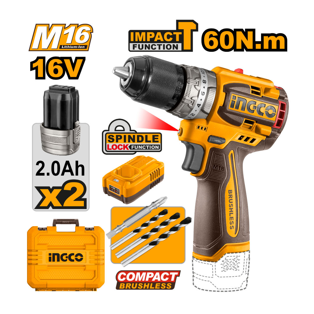 INGCO Compact Brushless Impact Drill, 16V, 60Nm Torque