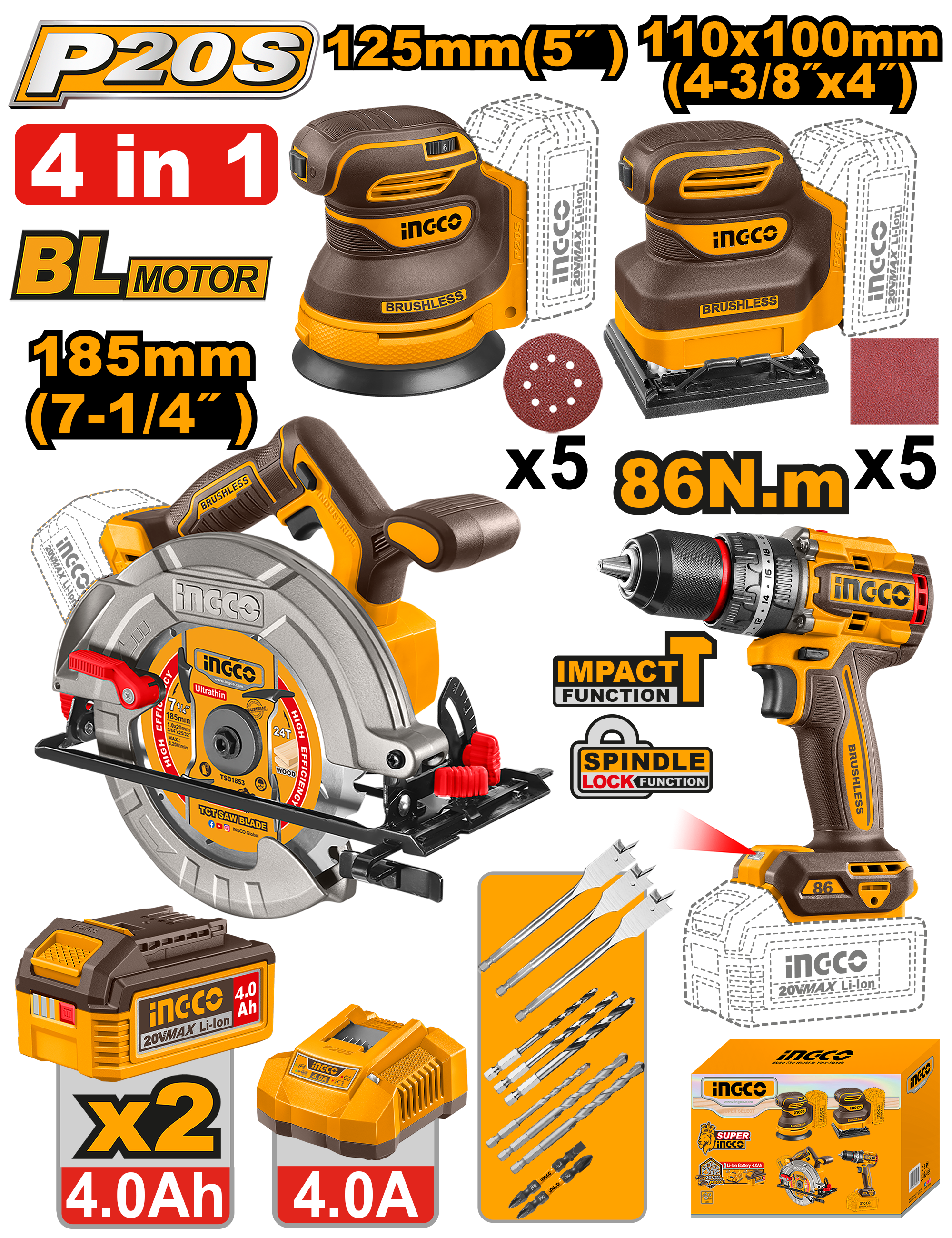 INGCO Cordless Power Tool Combo Set Saw Sander Drill Kit
