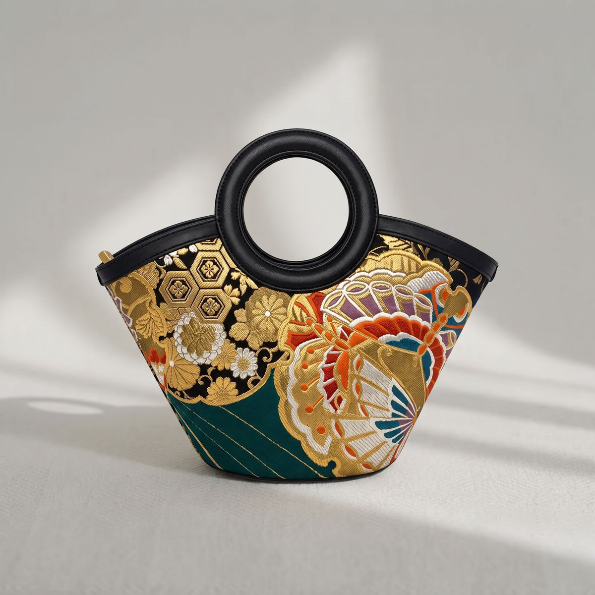 Jamila Designer Mulberry Silk Bird Design Tote Bag, Floral Pattern with Round Handles