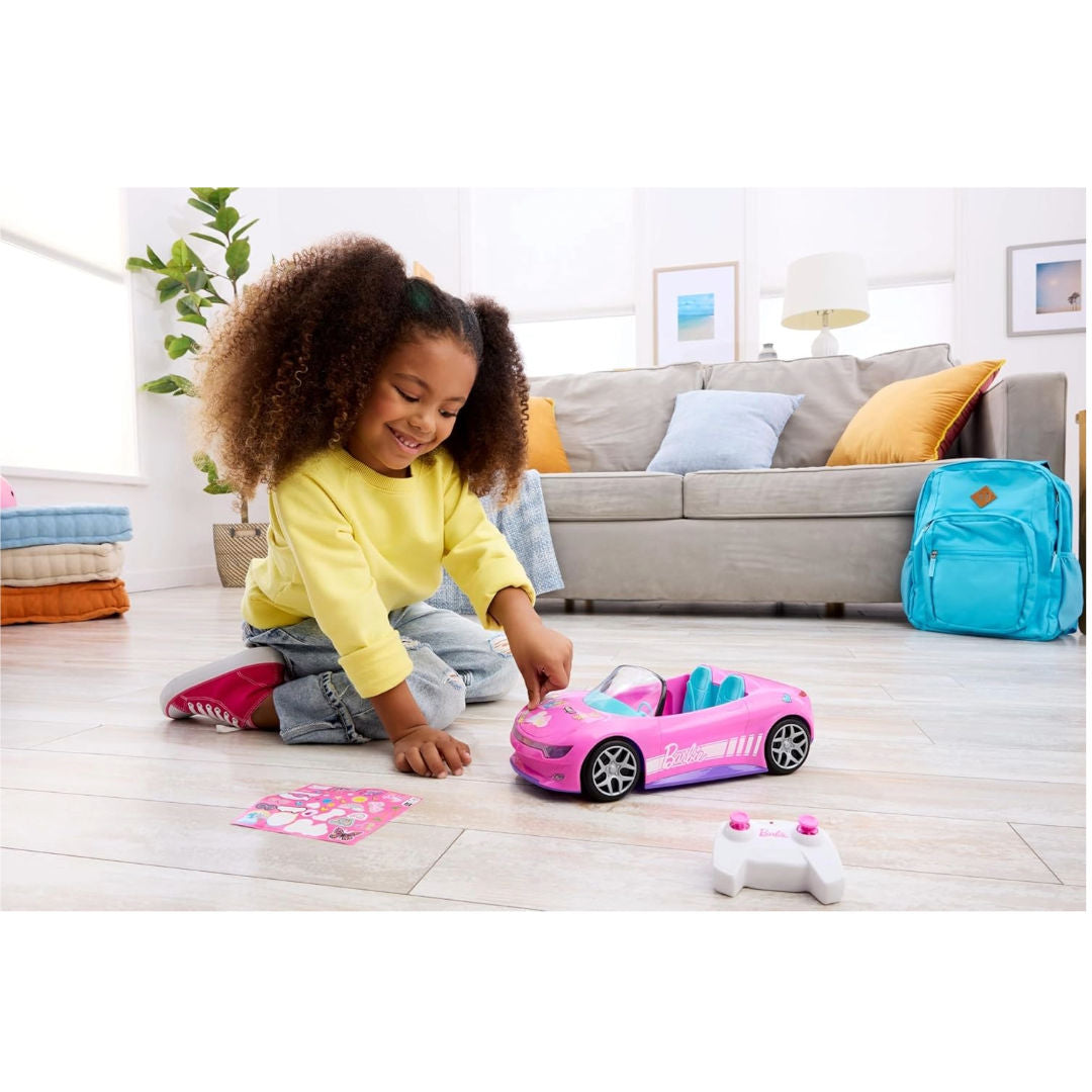 Hot Wheels RC Barbie Convertible, Battery-Powered Remote-Control Toy Car, Fits 2 Barbie Dolls