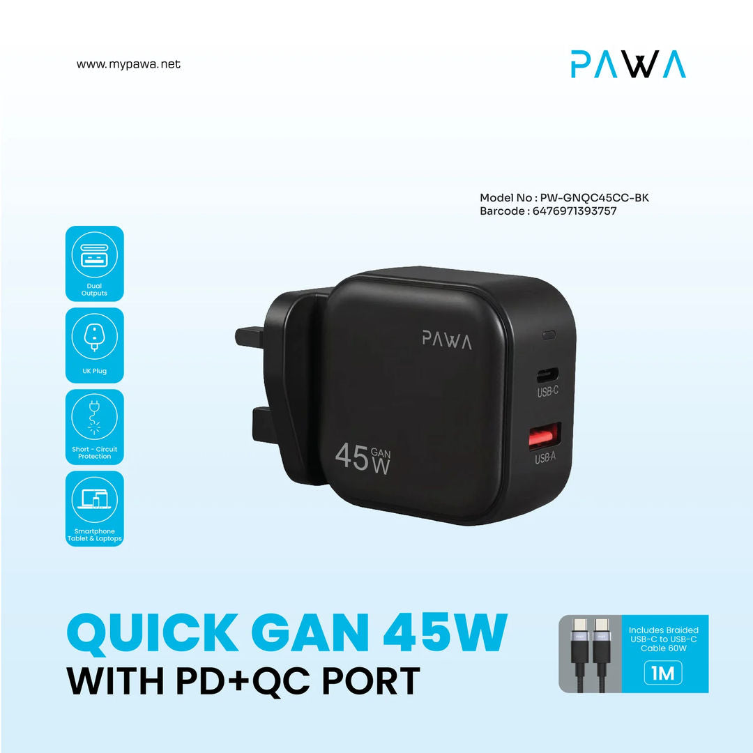 Pawa Quick Gan 45W PD+QC Adapter With USB Type-C To USB Type-C Cable, Black