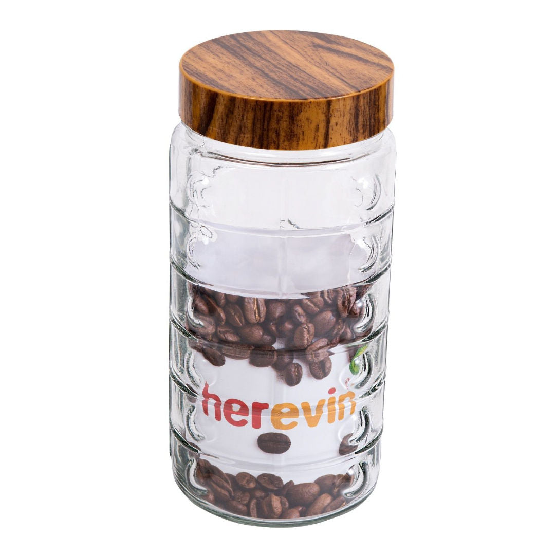 Herevin Glass Embossed Canister Jar With Wooden Pattern Lid