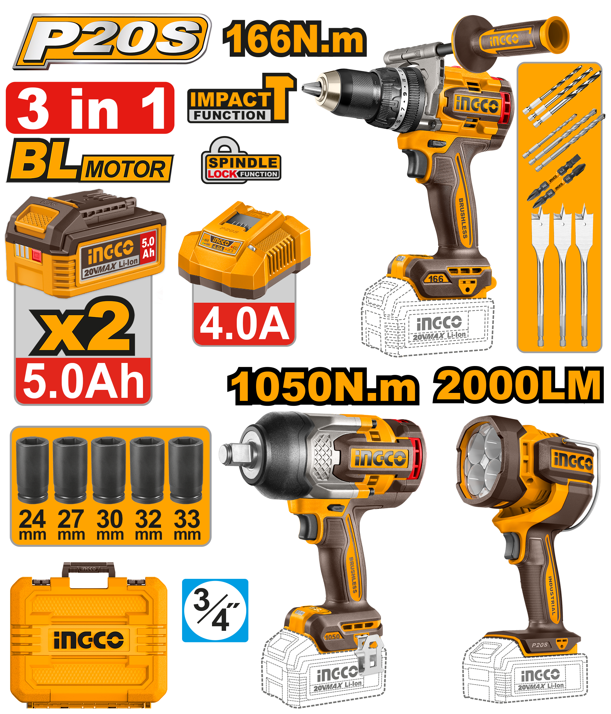 INGCO Cordless Impact Drill and Wrench Combo Kit 20V Set