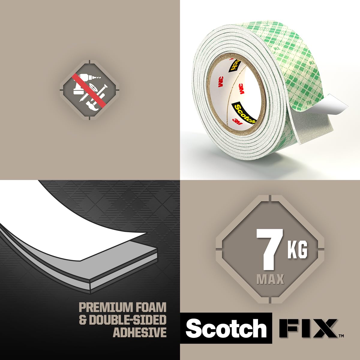 Scotch-FIX™ Interior Double-Sided Mounting Tape 25mm x 1.5m Heavy Duty Foam Adhesive Tape