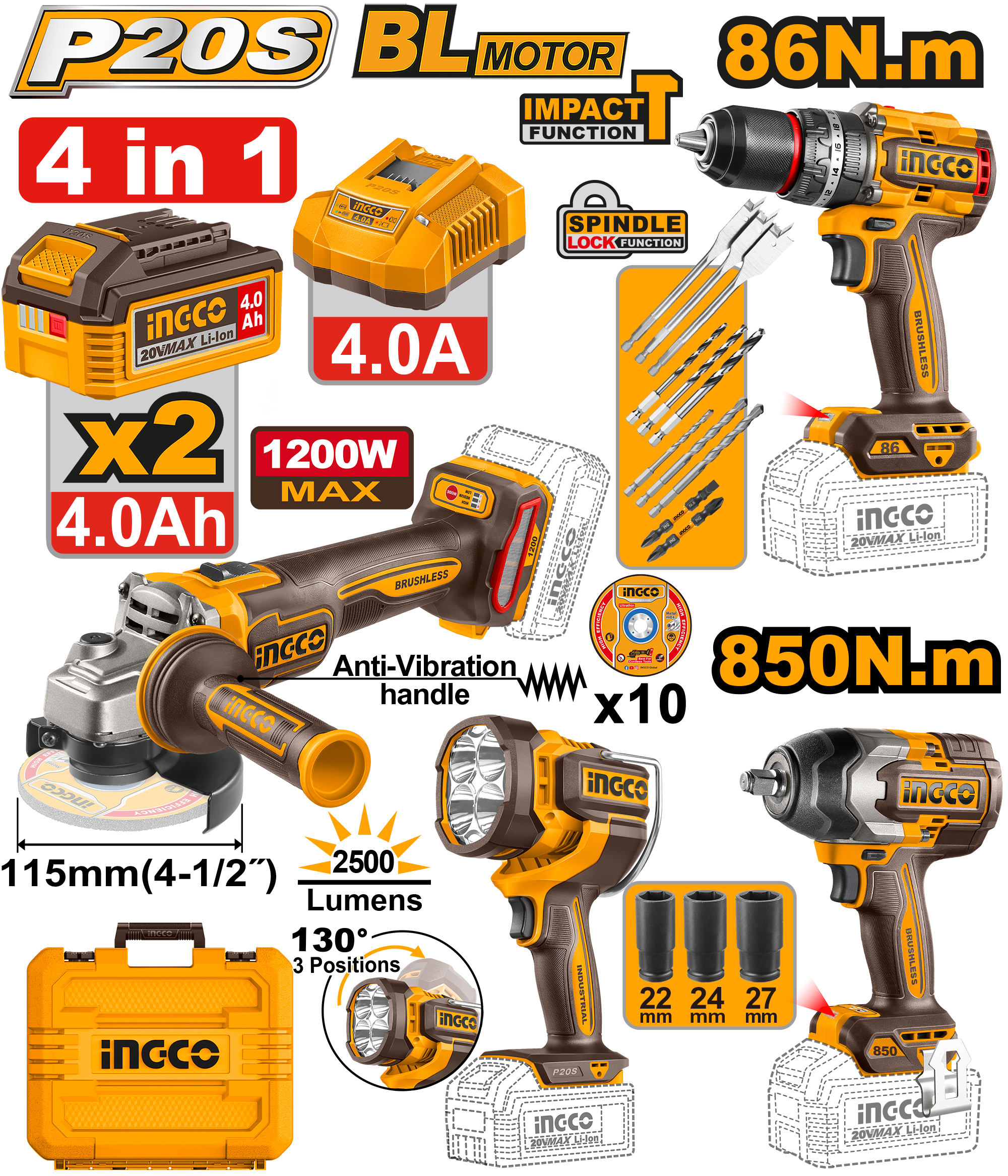 INGCO Cordless Power Tool Combo Set Drill Grinder Wrench Kit
