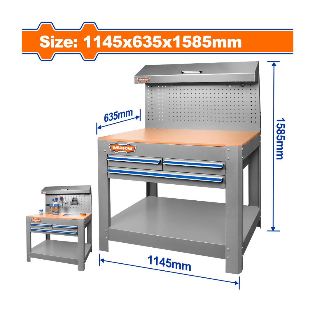 WADFOW Steel Workbench With Pegboard, 1145x635x1585mm, 3 Drawers, Ball Bearing Slides