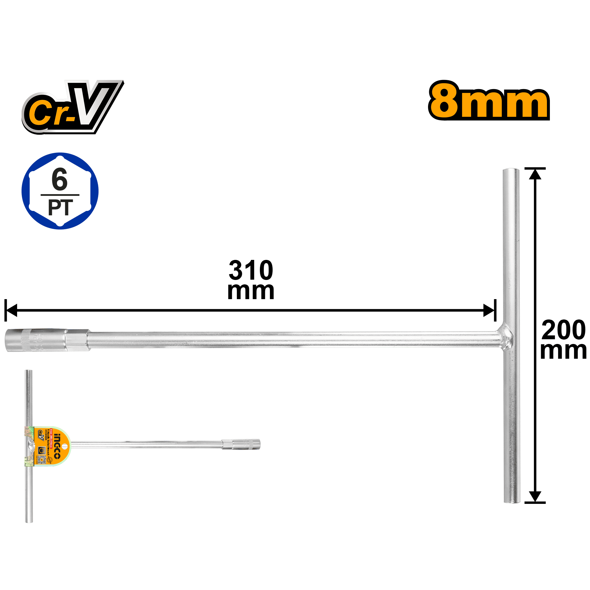 INGCO T Handle Socket Wrench 8mm Chrome Vanadium Tool