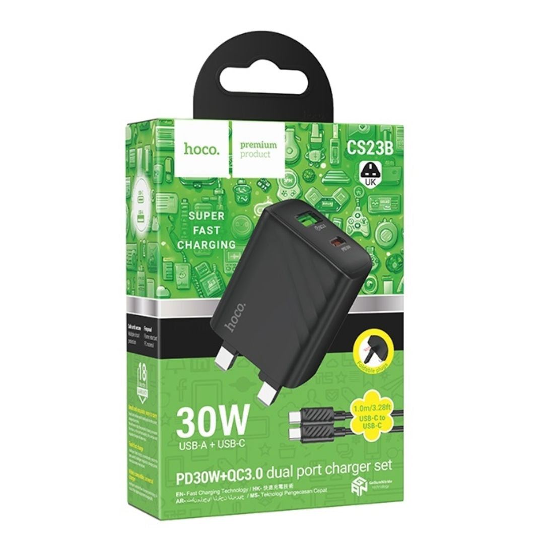 Hoco CS23B Sunlight 30W 3-Pin UK Charger with USB-C + USB-A Ports and 1m Cable