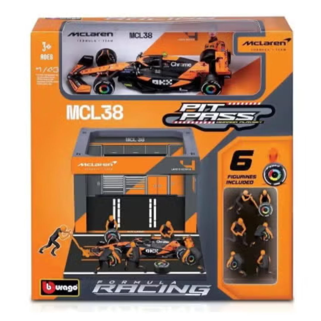 Bburago McLaren Formula Racing 2024, McLaren MCL38 #4, Lando Norris Formula Team Pit Pass Diorama Playset, 1:43, Orange/Black