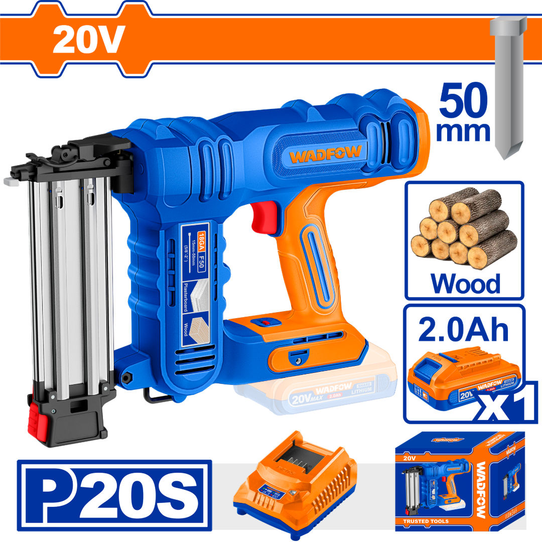 WADFOW 20V Cordless Brad Nailer Kit, F15–F50, 105-Cap Mag
