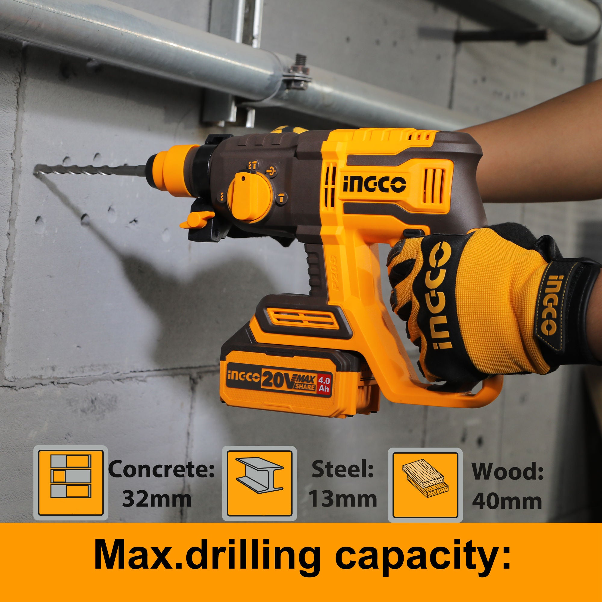 INGCO 20V Brushless Cordless Rotary Hammer Kit, 2.0 J, SDS-Plus, 4.0Ah Battery, Bits & Chisel, Carry Case