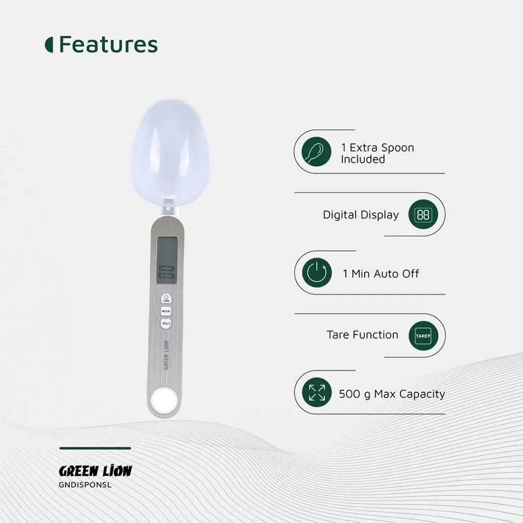 Green Lion Digital Spoon Scale, Precision Kitchen Measuring Spoon with LCD Display, Silver