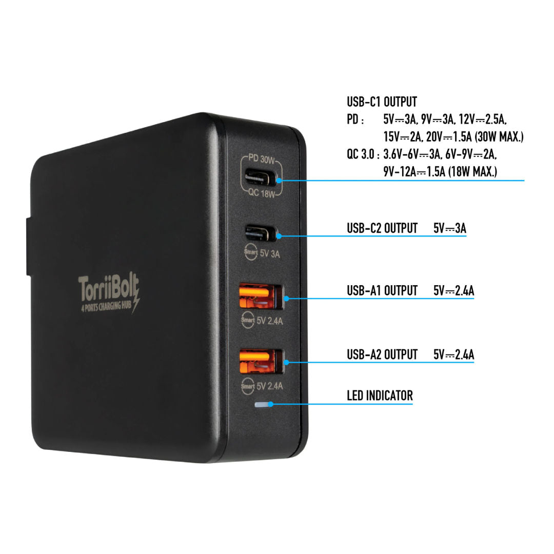 Torrii Bolt 4 Ports Charging Hub with USB-PD & QC 3.0, Black, TBT-4PCH-01