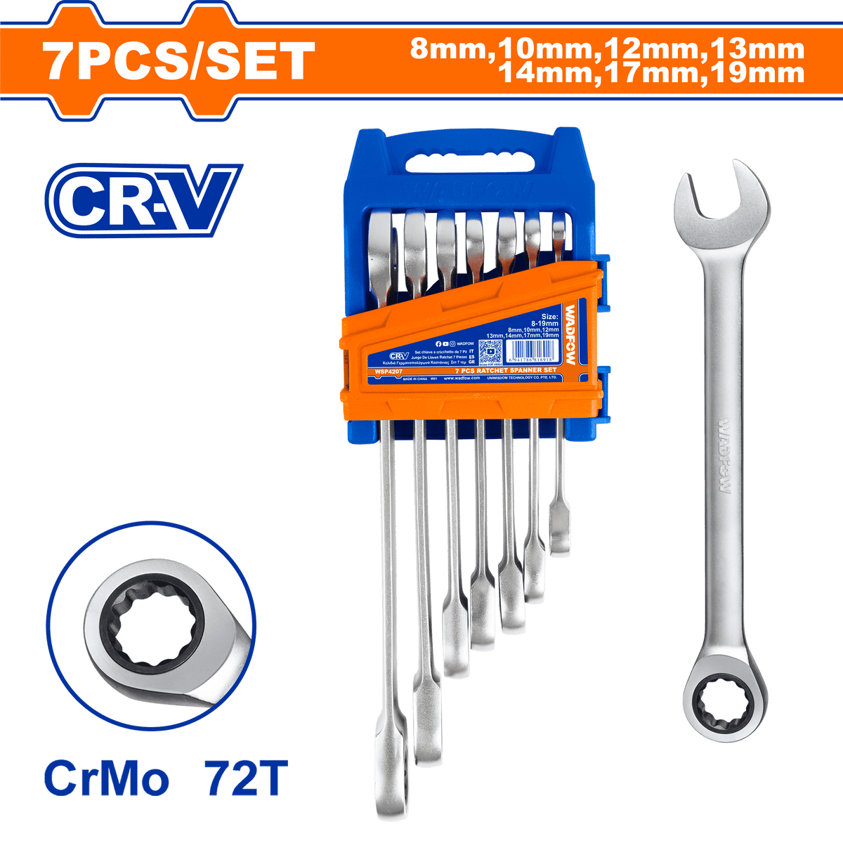 WADFOW 7 Piece Ratchet Spanner Set, 8-19 mm, Cr-Mo Ratchet Heads, Cr-V Body, Fine Polished