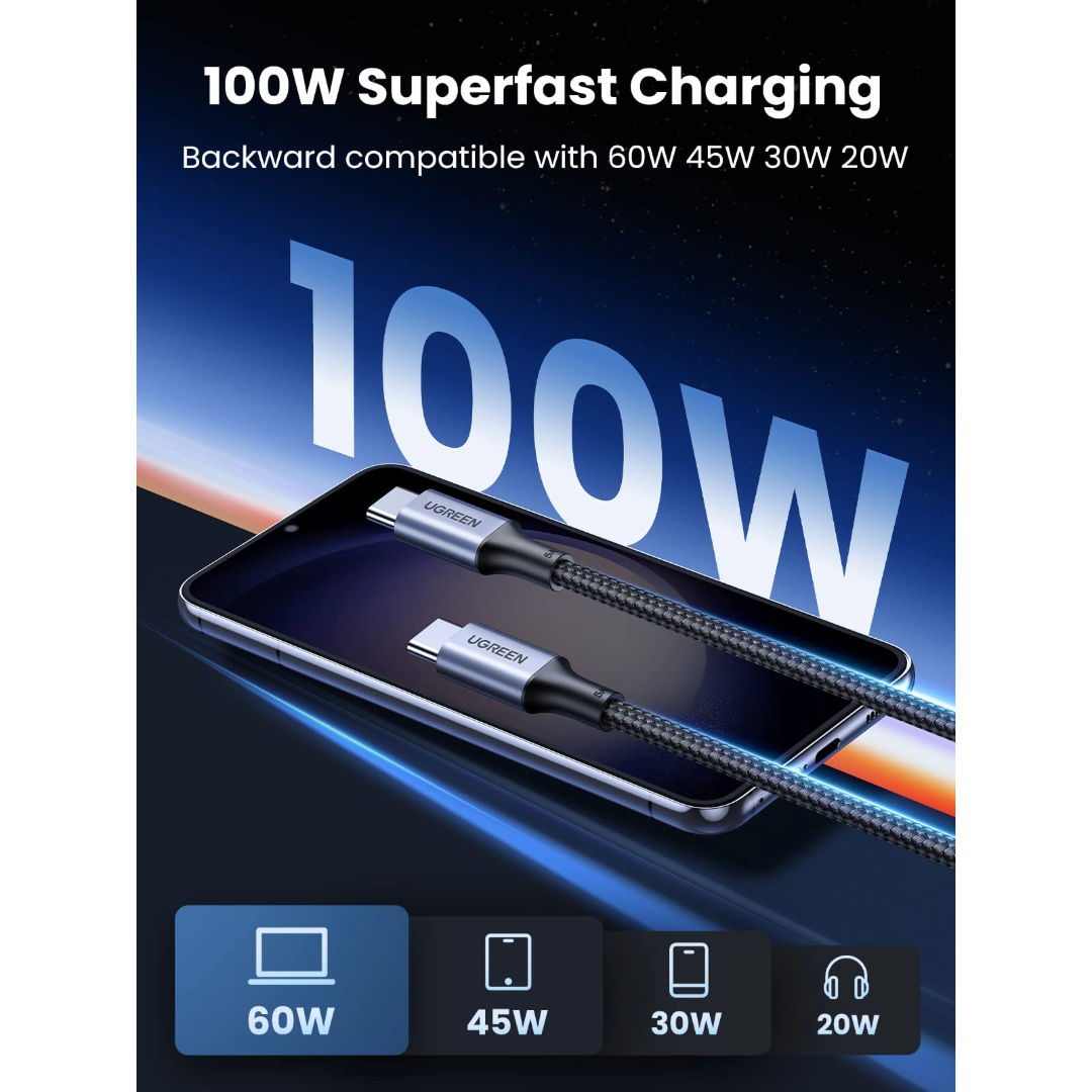 UGREEN US316-70427 USB-C to USB-C 100W Power Delivery Braided Fast Charging Cable, Space Gray, 1 Meter