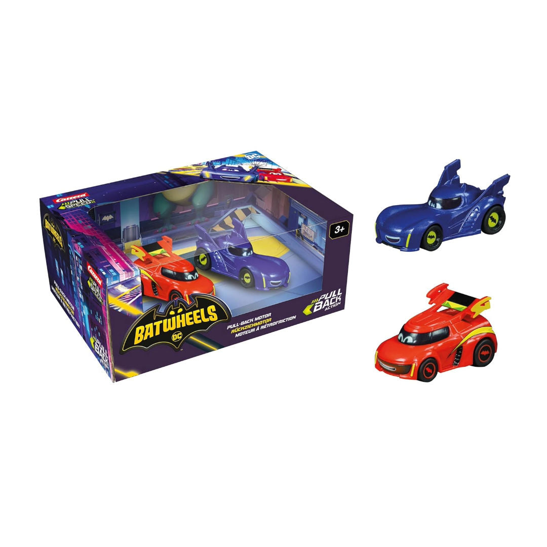 Carrera Pull N Speed DC Batwheels Bam Vs Redbird Pull-Back Action Motor Cars 1:43, Pack of 2, 3+ years