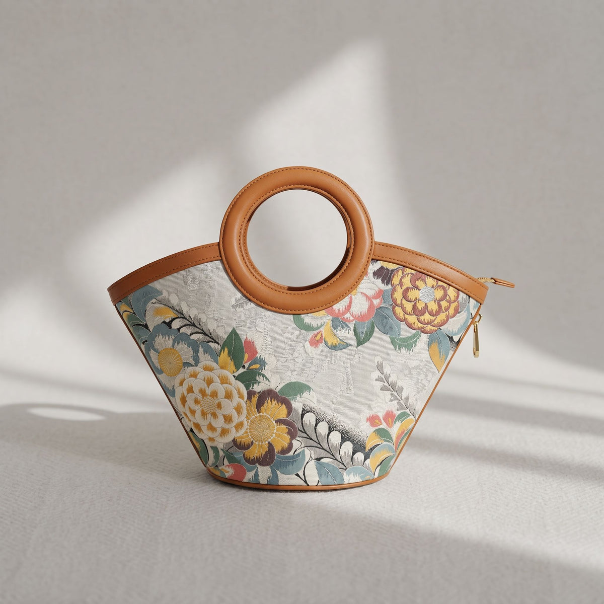 Jamila Designer Mulberry Silk Light Grey Tote Bag, Floral Pattern with Round Handles