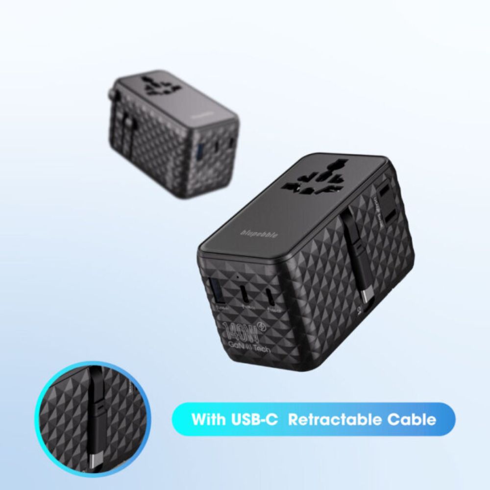 Blupebble Passport 7 World Travel Adapter with GaN Technology 140W + 2 USB-C + 1 USB-A with Retractable Cable, Black