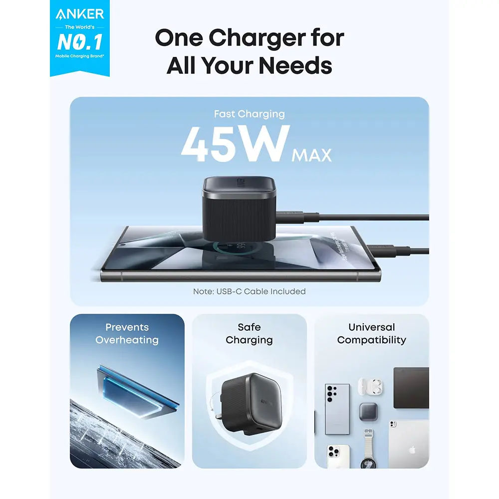 Anker Nano 45W USB-C Charger, Compact GaN Fast Charger with Power Delivery, Black