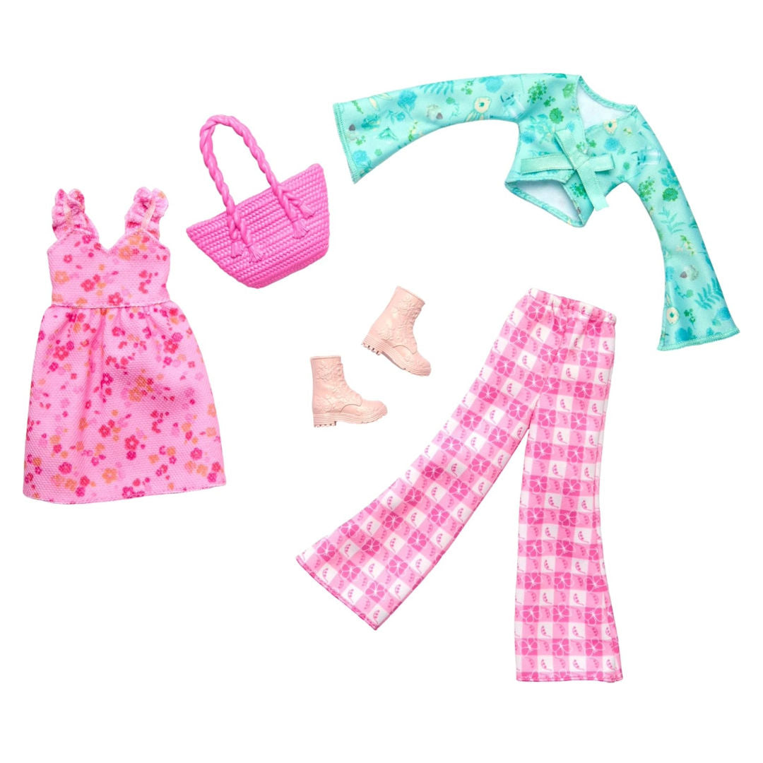 Barbie Clothes, Doll Fashions And Accessories Set Featuring 2 Complete Cottage Core Outfits, Including Floral Dress, Gingham Pants And More