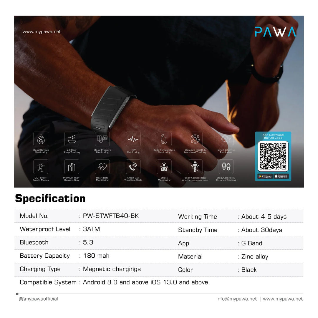 Pawa Riva Screenless Band With ECG Function, Black
