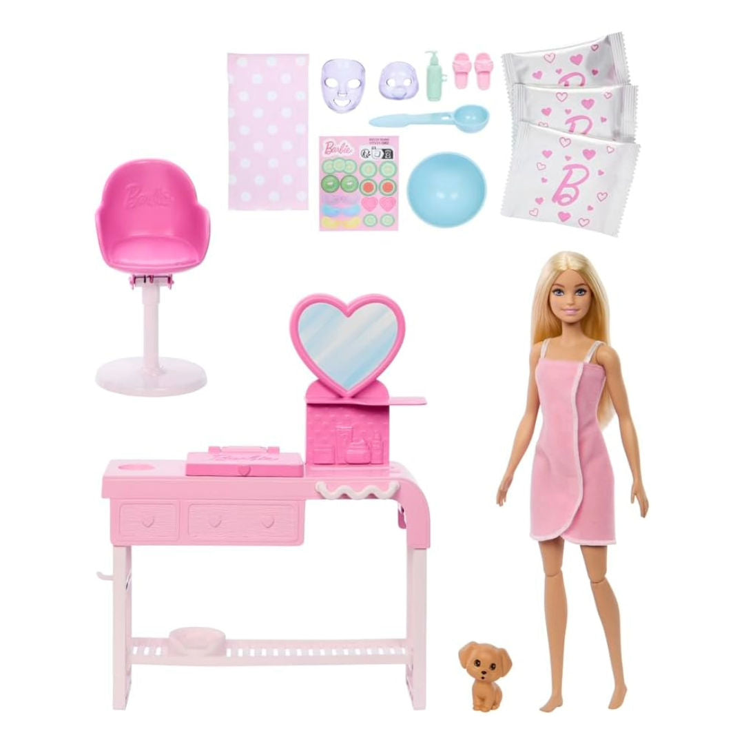 Barbie Face Mask Spa Playset with Doll, DIY Dough Masks Kit, 10+ Accessories, Spa Furniture & Pet Puppy