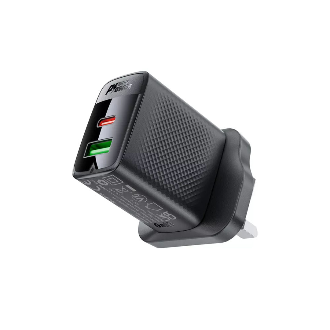 Acefast 30W GaN USB-C Power Delivery & USB Qualcomm 3-Pin UK Charging Plug, Black