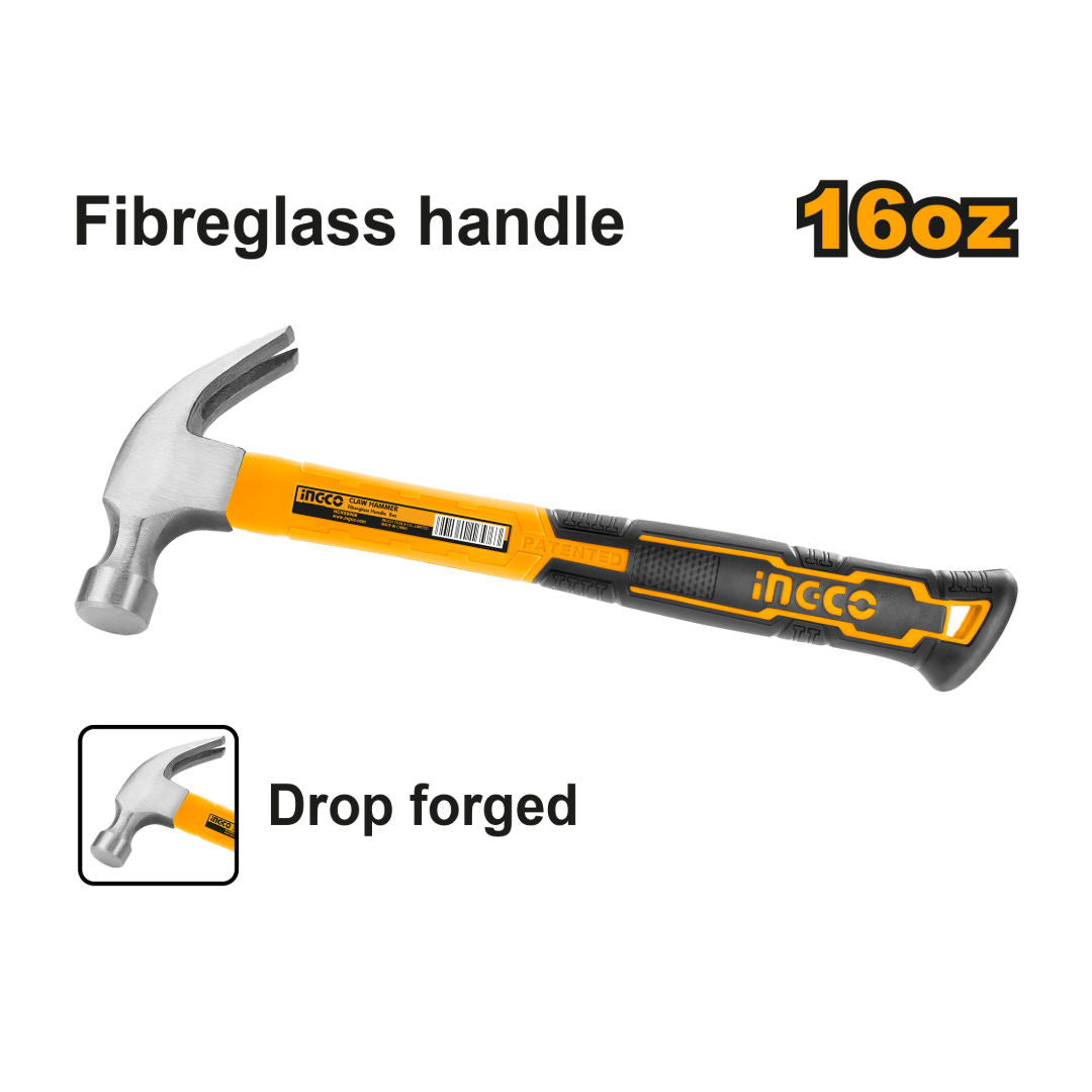 INGCO Claw Hammer HCHS8016, 16 oz, 450gm Drop-Forged Fiberglass Handle Hammer