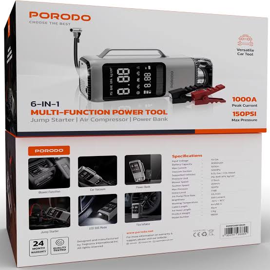 Porodo 6 IN 1 Multi-Functional Power Tool Jump Starter|Air Compresser|Powerbank-Grey