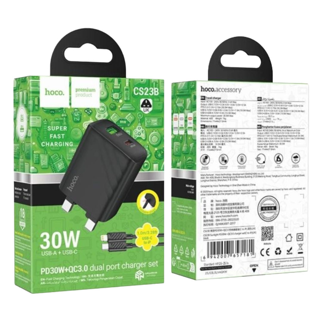Hoco CS23B Sunlight PD30W+QC3.0 Charger Set with C to iP Cable, Black