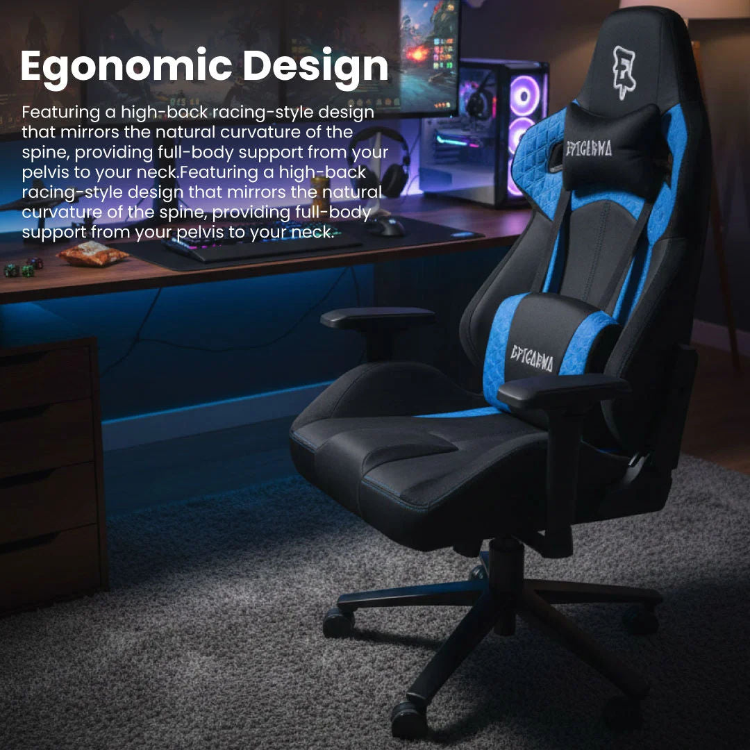 EPICARMA Ergonomic Gaming Chair with 4D Adjustable Armrests, 90°-160° Reclining Backrest, Lumbar & Neck Support, Black/Blue