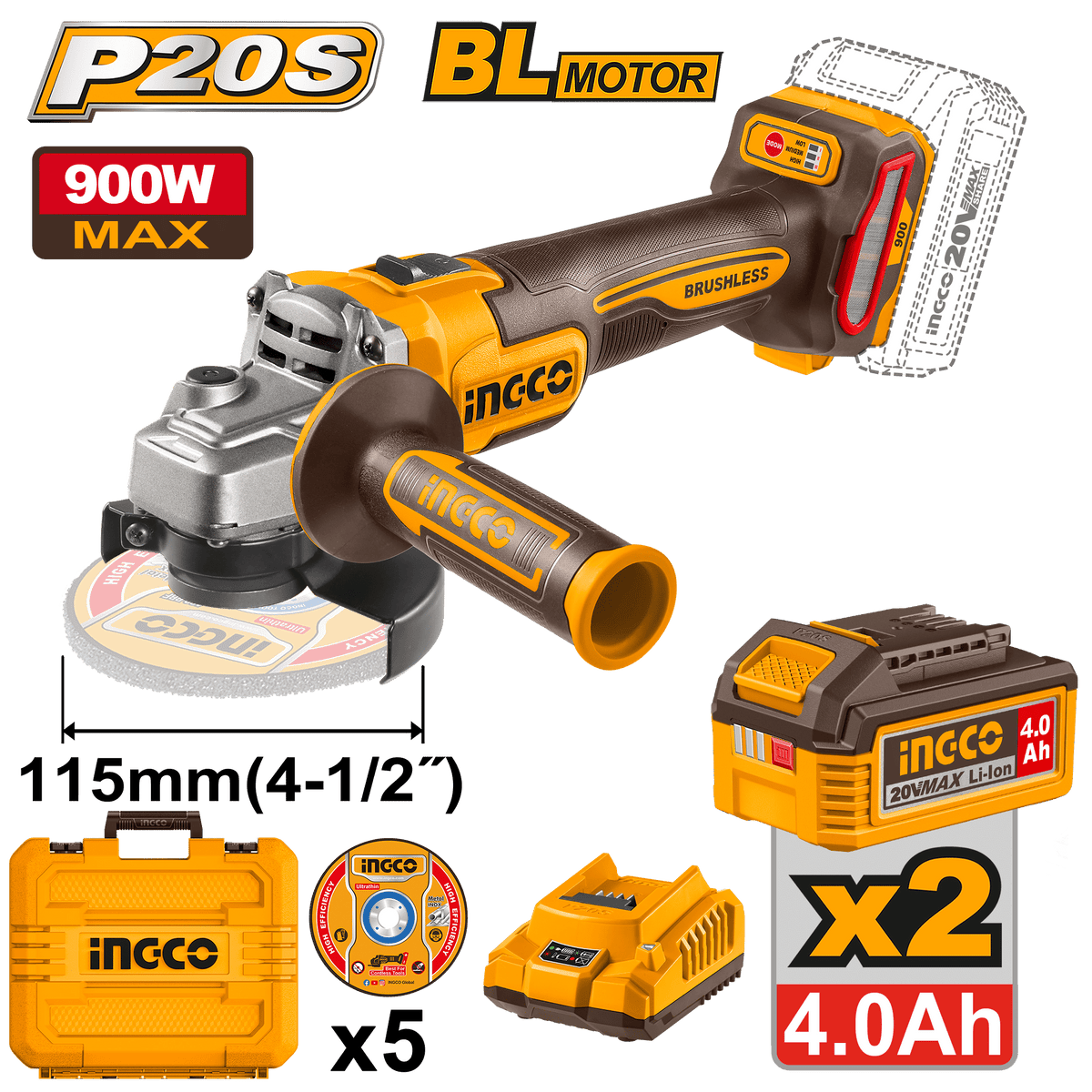 INGCO Cordless Angle Grinder 115mm 20V Brushless Compact Kit