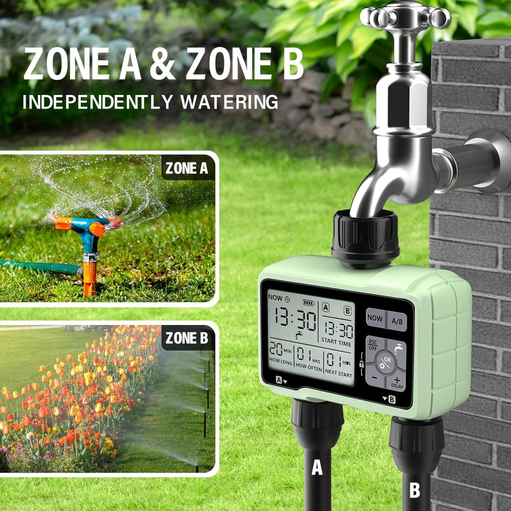 Digital Watering Timer, Battery-operated Programmable Garden Irrigation Timer with 3/4" Inlets Outlets for Garden Hose and Lawns