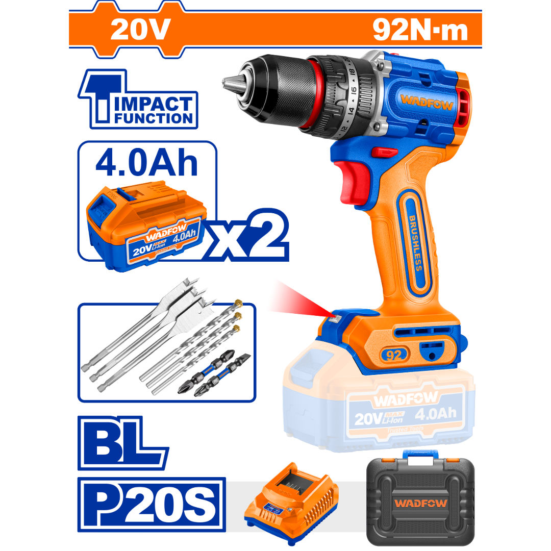 WADFOW Brushless Cordless Impact Drill, 20V