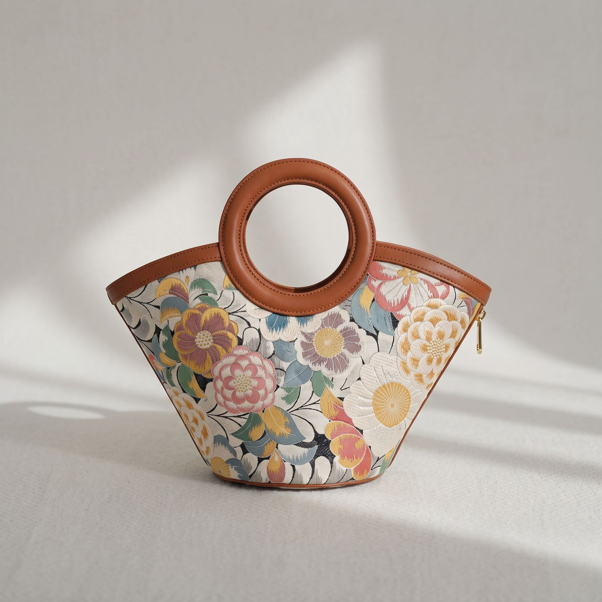 Jamila Designer Mulberry Silk Light Grey Tote Bag, Floral Pattern with Round Handles