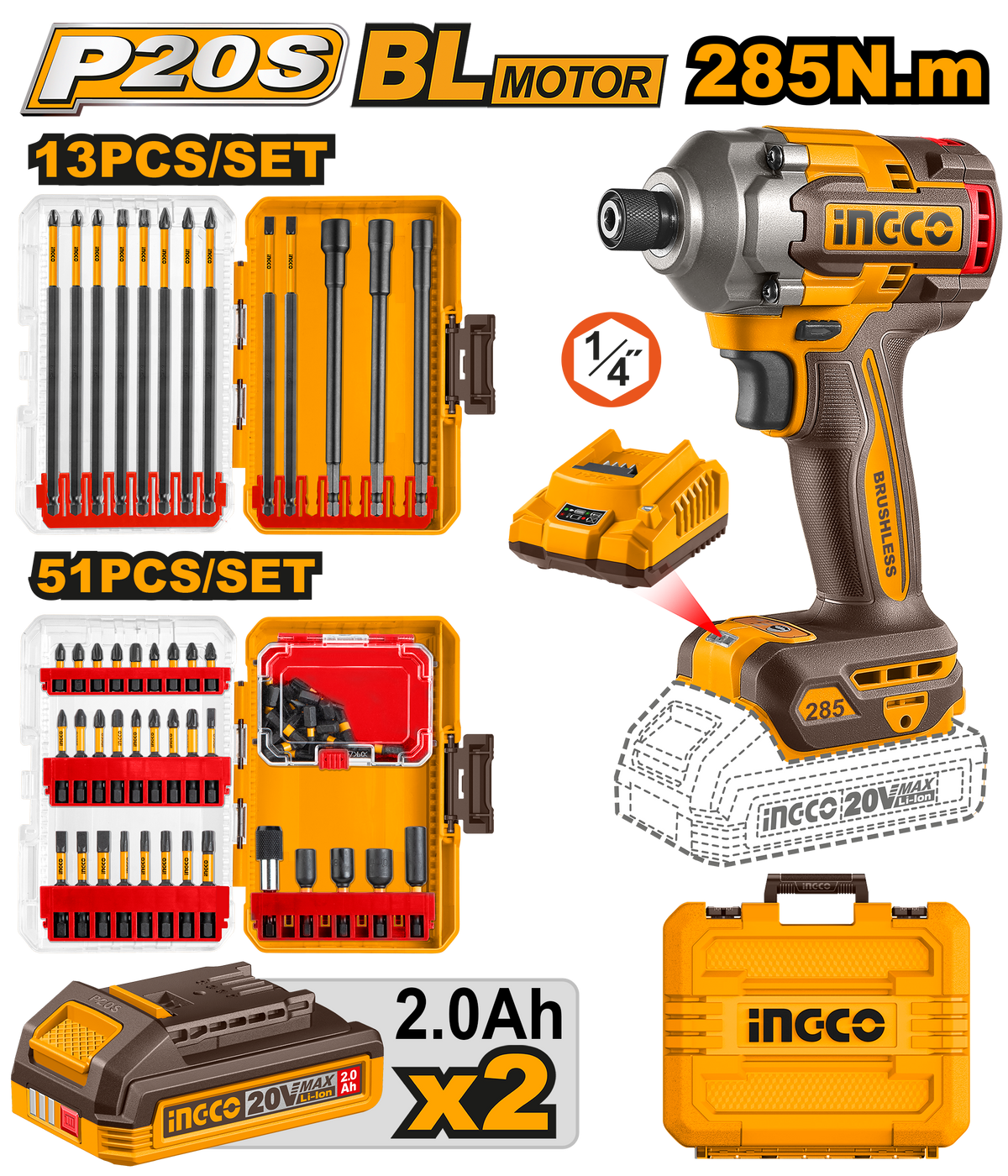 INGCO Cordless Impact Driver 20V 285Nm Brushless with Bit Set