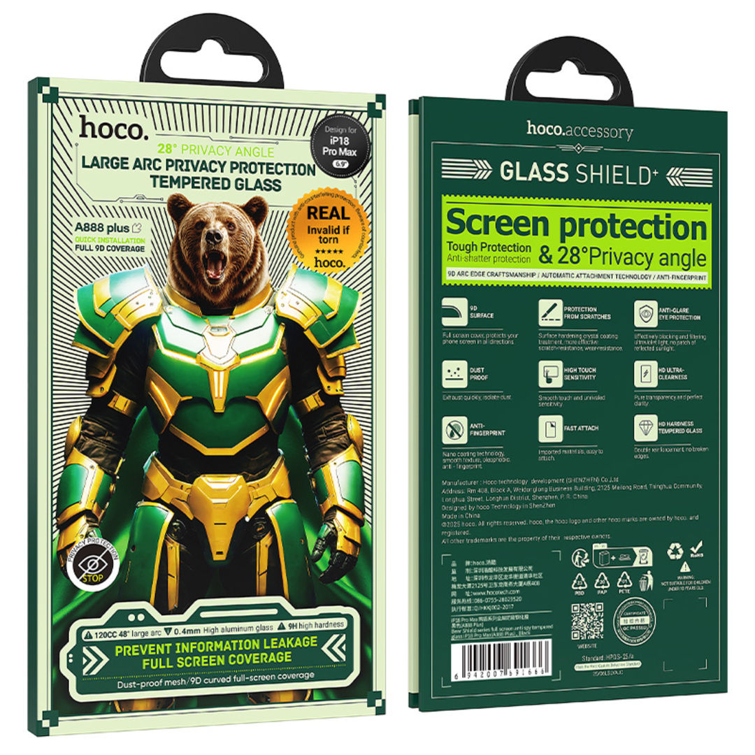 Hoco A888 Plus Bear Shield Series Full Screen Anti-Spy Tempered Glass for iPhone 18 Pro Max, Anti-Spy, Full Screen Coverage