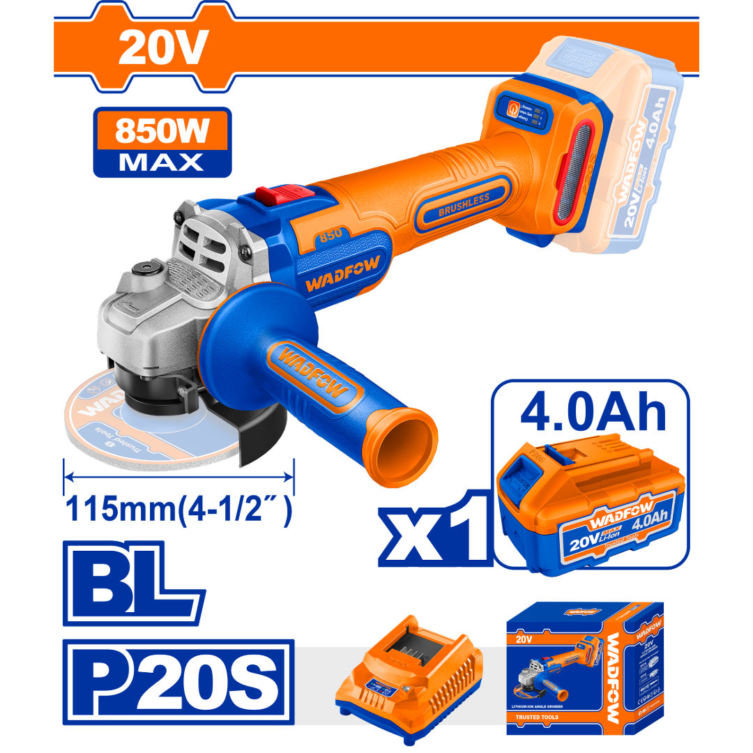 WADFOW Cordless Angle Grinder 20V, Brushless, Ø115 mm Disc, M14 Spindle