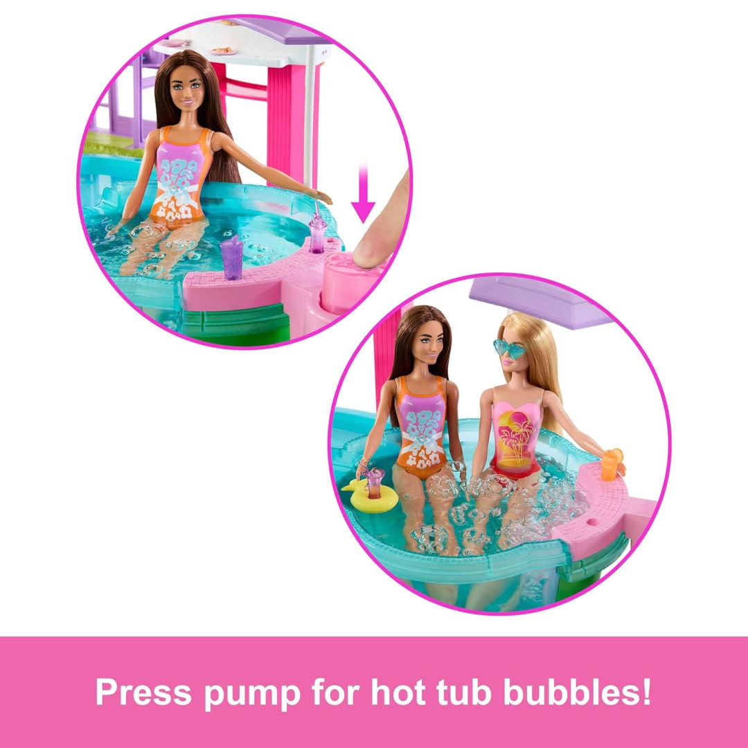 Barbie Dream Pool Playset, 6 Play Areas with Slide, Foaming Hot Tub & 20+ Accessories, Model JFP01