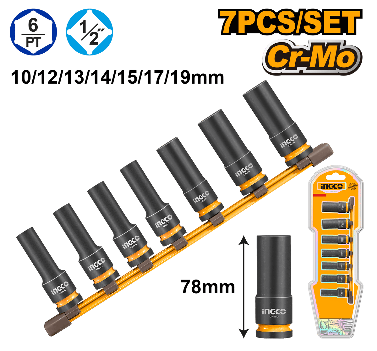 INGCO 7-Pieces Deep Impact Socket Set 1/2 Inch Heavy Duty