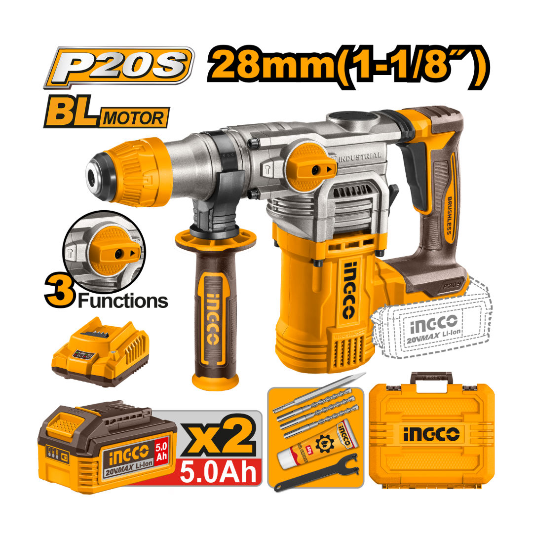 INGCO Cordless Rotary Hammer, 20V, Brushless Motor