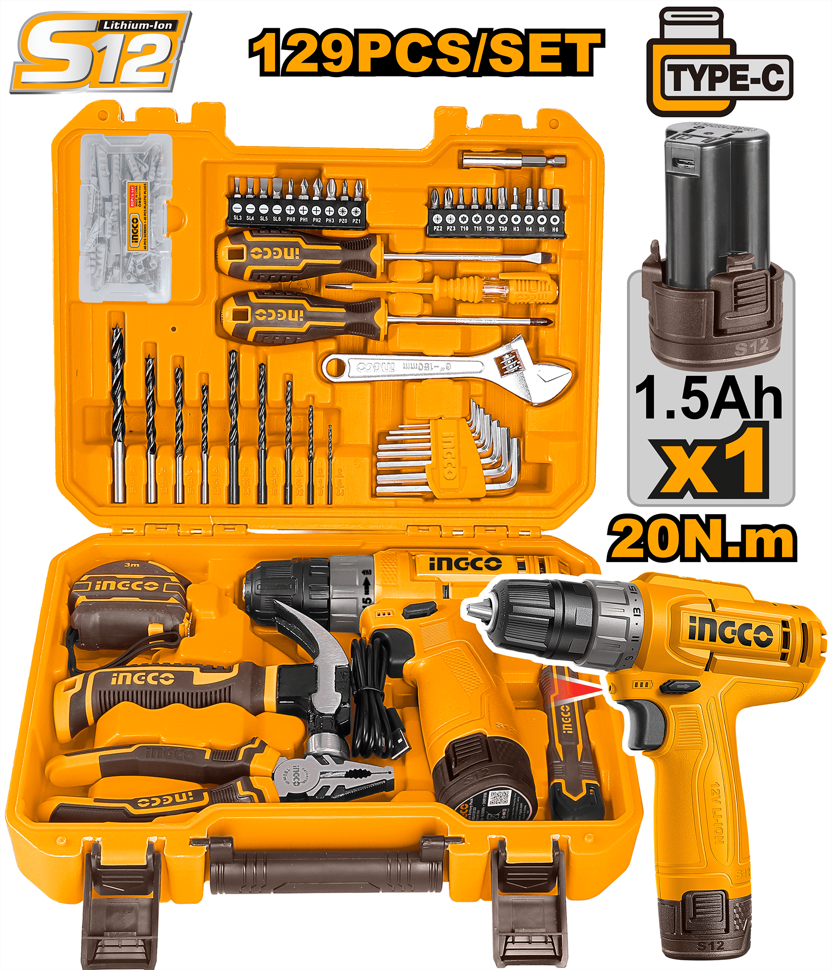 INGCO 129-Pieces Tool Kit with 12V Cordless Drill Set