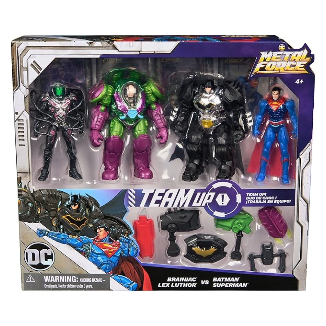 DC Metal Force Team Up Brainiac and Lex Luthor vs Batman and Superman Action Figures Set, 10.16cm, For Age 4+ Years