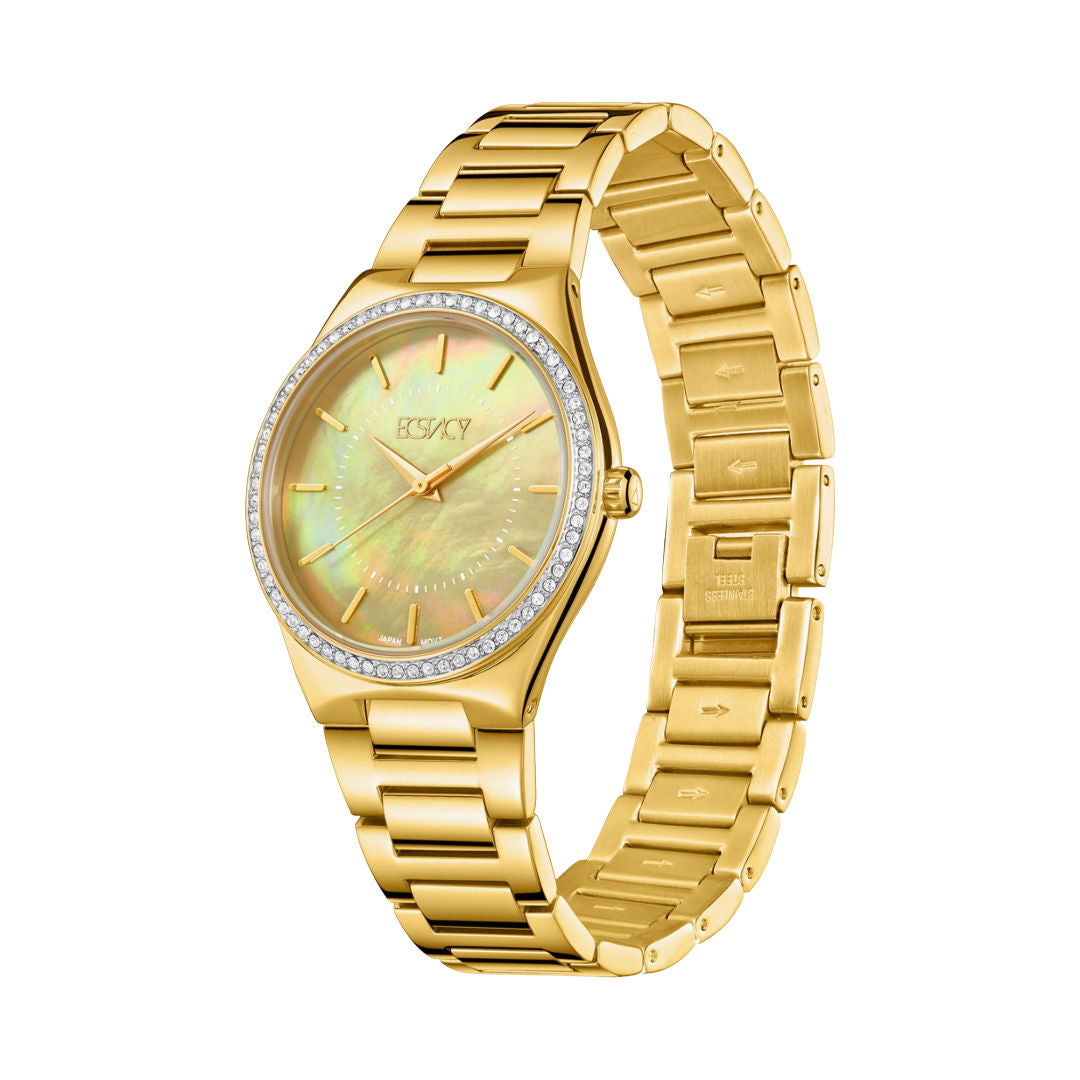 Ecstacy Women’s Analog Green Mother-of-Pearl Dial Gold Stainless Steel Watch, E23507-GBGMH