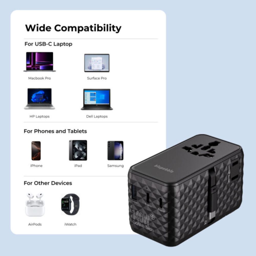Blupebble Passport 7 World Travel Adapter with GaN Technology 140W + 2 USB-C + 1 USB-A with Retractable Cable, Black