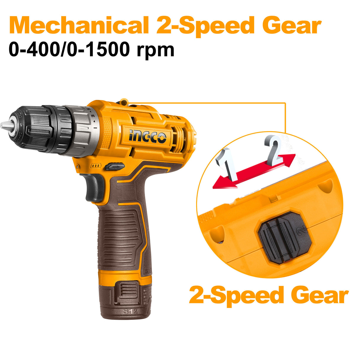 INGCO 12V Cordless Impact Drill Kit, 20Nm, 2-Speed with USB-C Batteries & Carry Case