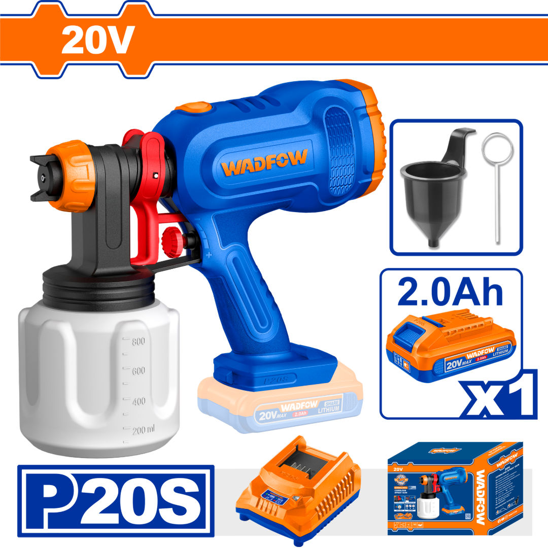 WADFOW 20V Cordless Paint Spray Gun Kit, 650ml/min, 100 DIN-s, 800ml