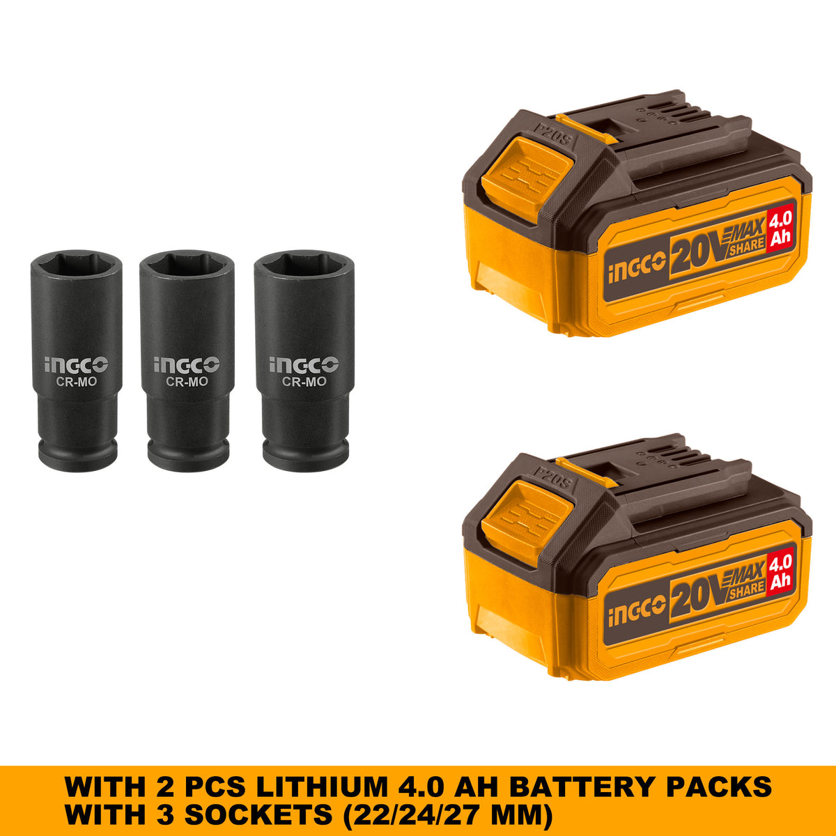 INGCO 20V Brushless Cordless Impact Wrench Kit, 1/2″ Drive, 850 Nm, 2×4.0Ah Batteries, Deep Sockets & Case
