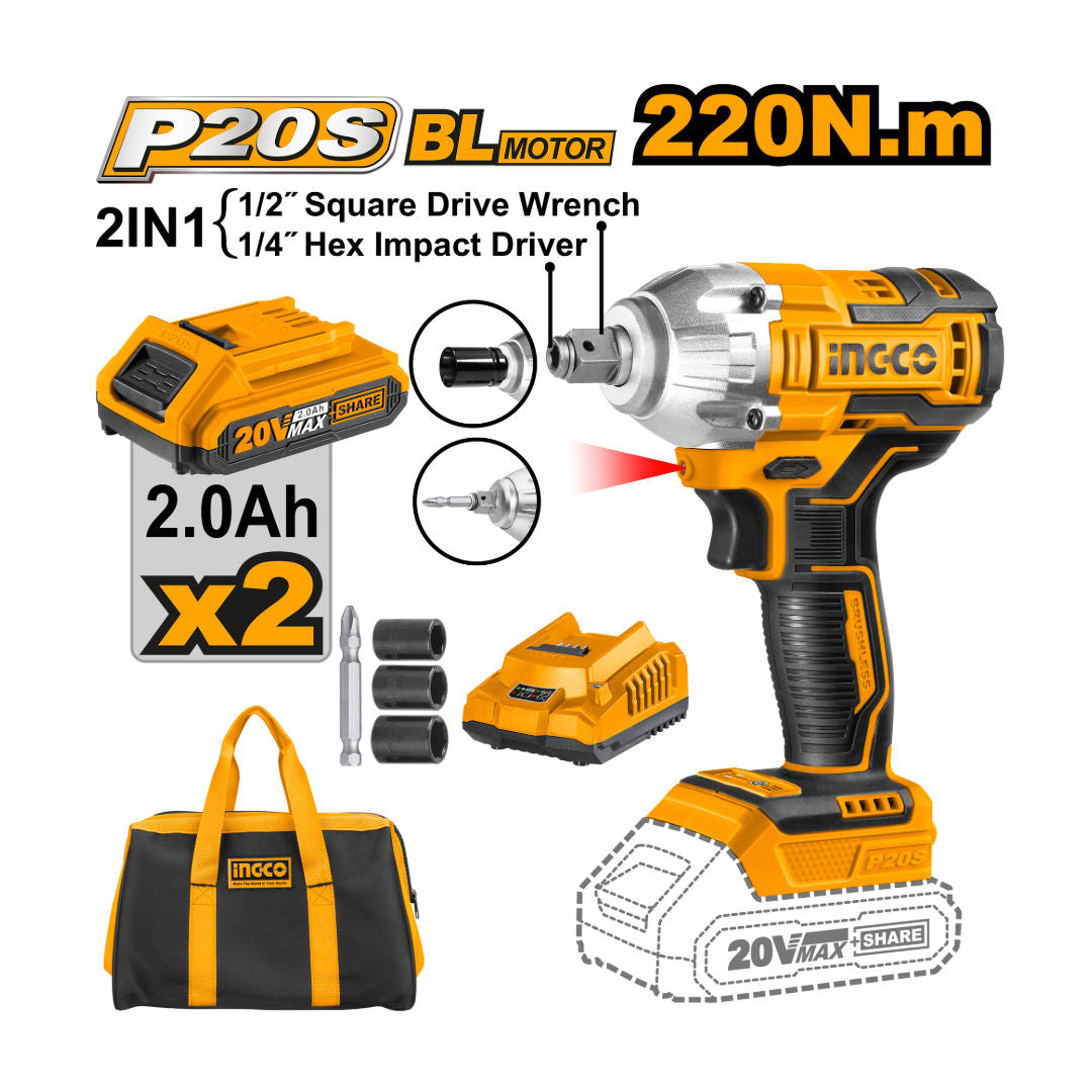INGCO Brushless Cordless Impact Driver/Wrench, 20V